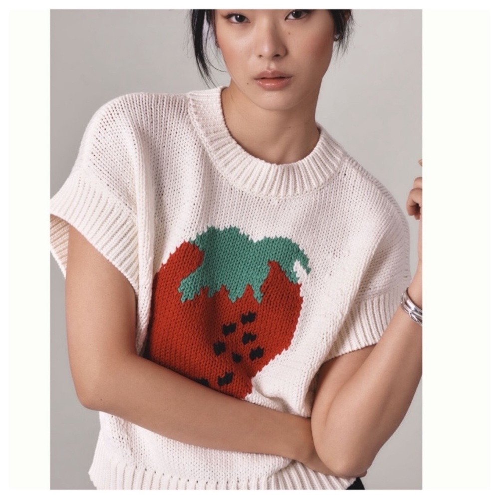 NWT Anthropologie Maeve The Pippa Crew-Neck Strawberry Sweater Cap-Sleeve XL - Picture 5 of 14